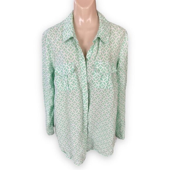 Charter Club Woman Linen Pattern Long Sleeve Button Tab Semi Sheer Blouse - Picture 6 of 15